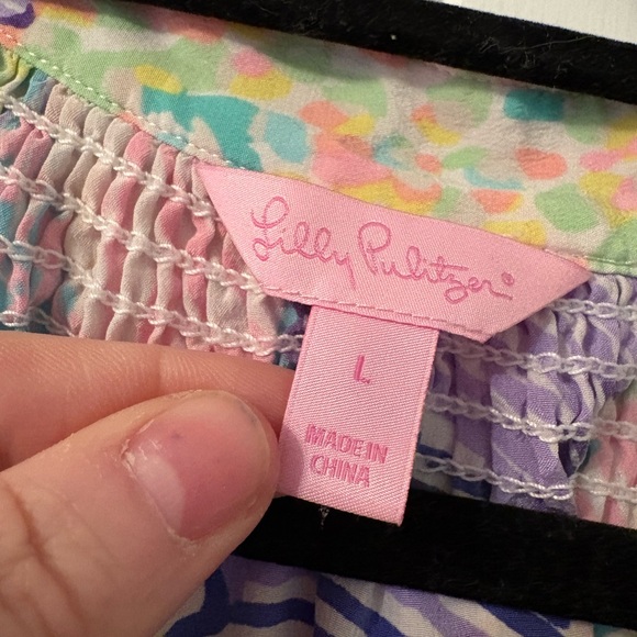 Lilly Pulitzer 100% Silk Pastel Print Smocked Long Sleeve Elsa Blouse Size L - Picture 6 of 11